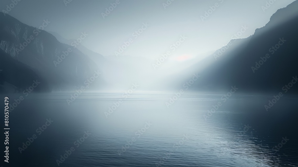 Fototapeta premium A body of water enclosed by mountains on a foggy morning, sun illuminating the misty sky