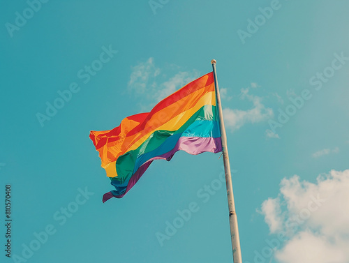 A photo of a pride flag on a blue sky,  Rainbow flag on the blue sky
