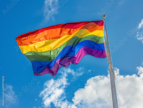 A photo of a pride flag on a blue sky