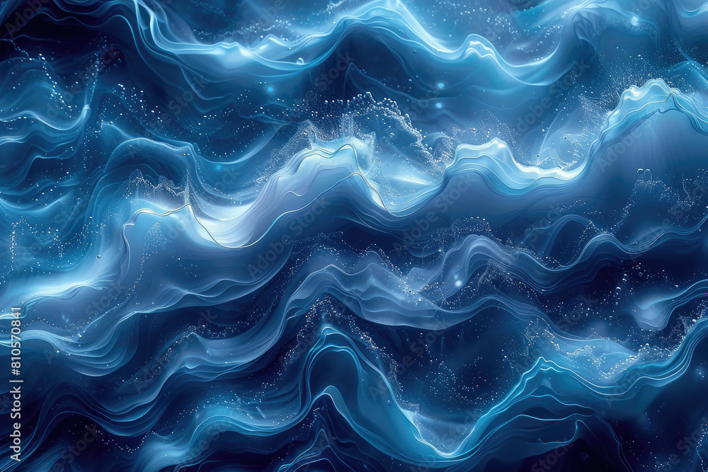 A background of deep blue waves with a starry sky, featuring fluid and ethereal shapes that resemble flowing water in an abstract manner. Created with Ai
