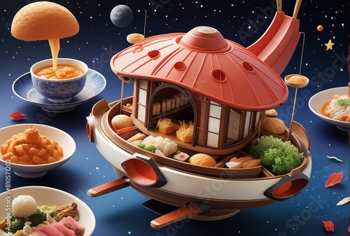  fantasy spaceship in a form of Shojin Ryori Food, flying through the space photo