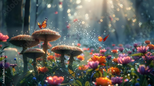 Bright mushrooms with glowing edges in a dense floral garden as a butterfly flutters by sprinkling fairy dust.