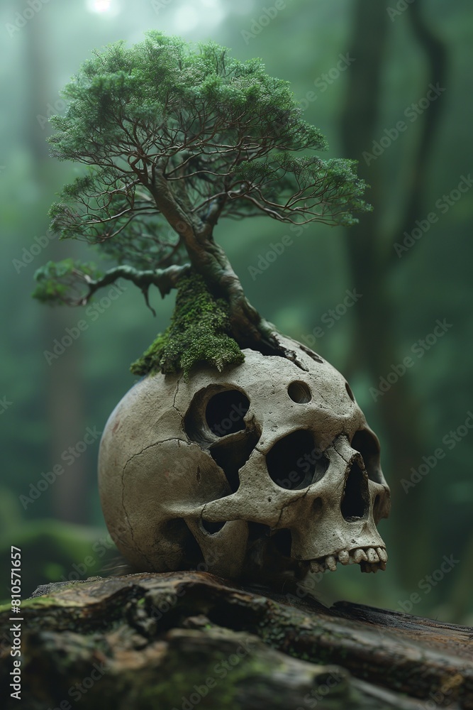 Skull with Tree Growth in Misty Forest Skull with Tree Growth in Misty Forest