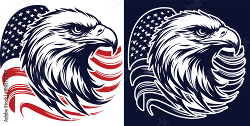 Eagle head over the american flag Silhouettes seat on white backgraund in two variants.