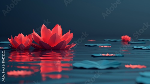   A red flower atop the water's surface, near drifting ice floes photo