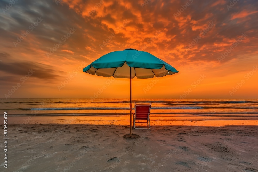 Serene beach scene with colorful umbrella and chair at sunset Serene beach scene with colorful umbrella and chair at sunset