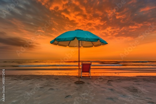 Serene beach scene with colorful umbrella and chair at sunset