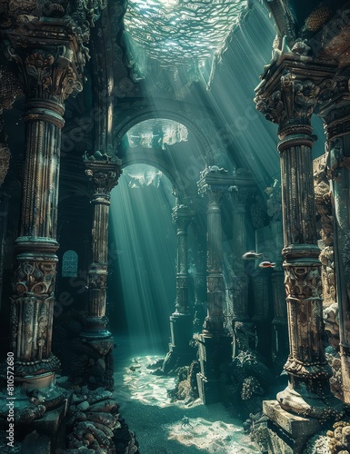 The image is an illustration of an ancient city that has been submerged underwater. The city is in ruins, and the buildings are covered in coral and other marine life.