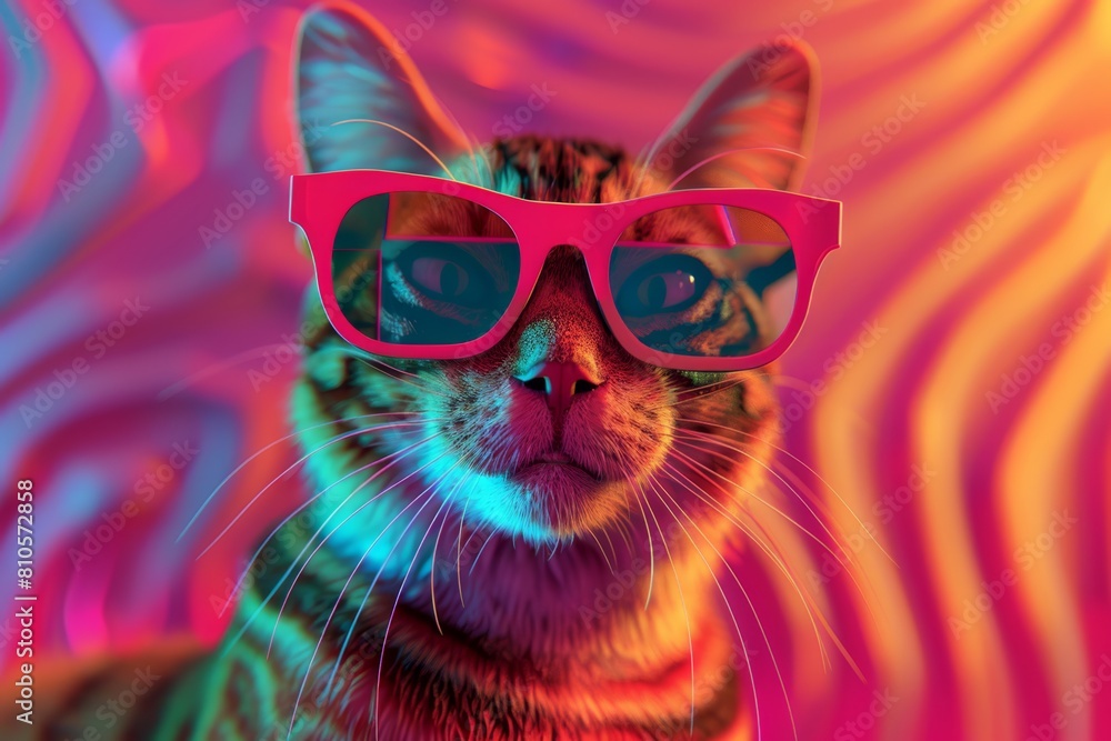 Funny cat with pink sunglasses on a colorful background. 3d rendering Funny cat with pink sunglasses on a colorful background. 3d rendering