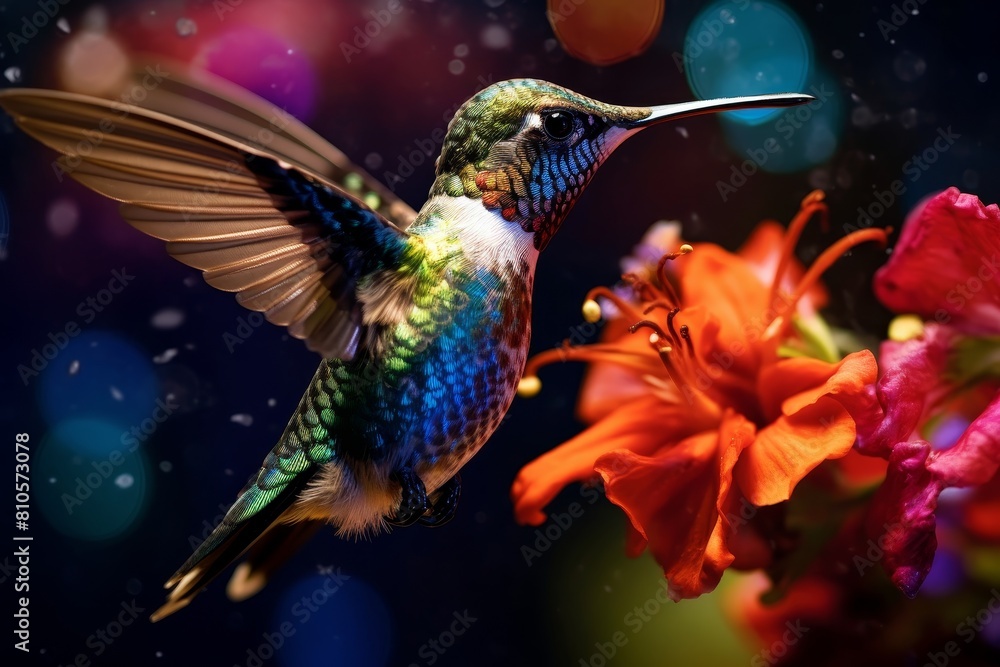 Obraz premium Colorful hummingbird hovering near vibrant flower