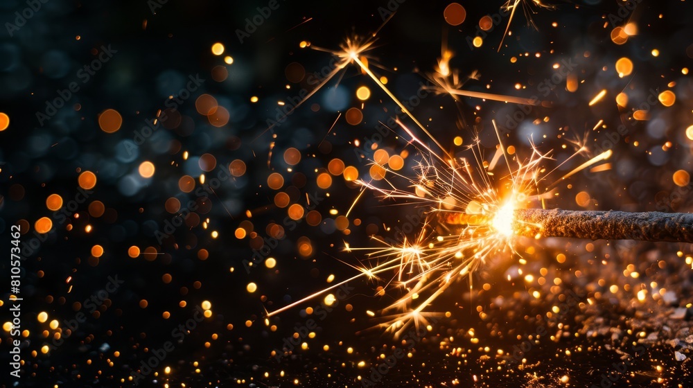 A tightly framed image of a sparkler against a black backdrop, speckled with numerous golden flecks surrounding it A tightly framed image of a sparkler against a black backdrop, speckled with numerous golden flecks surrounding it