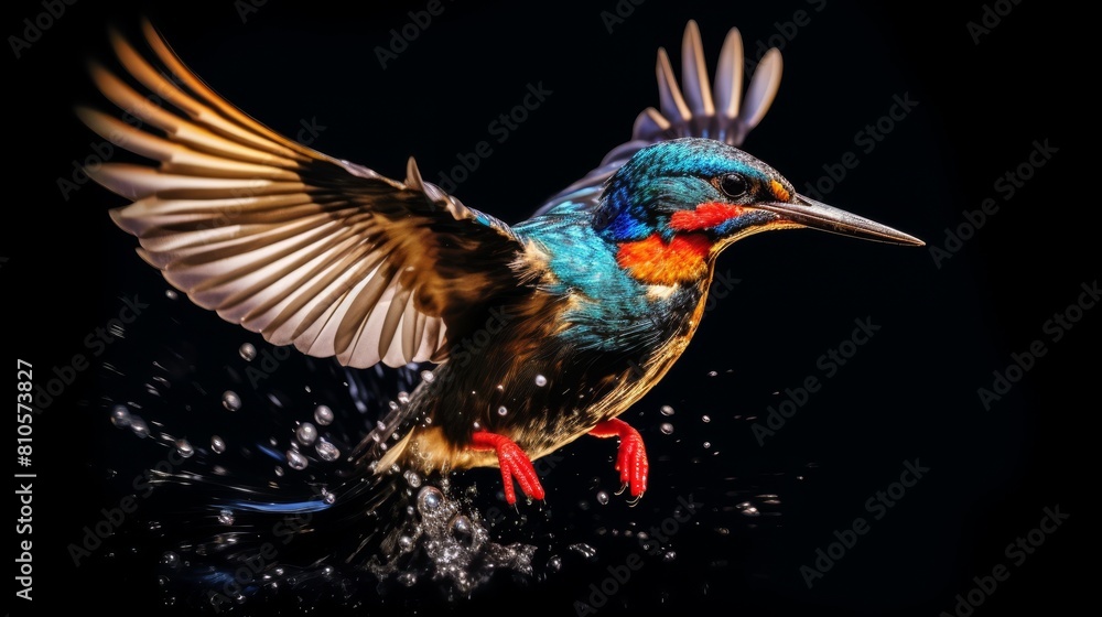 Obraz premium Colorful hummingbird in flight with water droplets