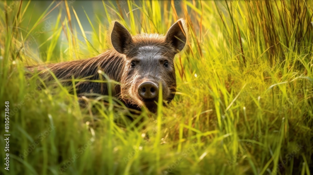 Curious wild boar peeking through tall grass Curious wild boar peeking through tall grass