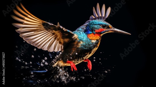 Colorful hummingbird in flight with water droplets