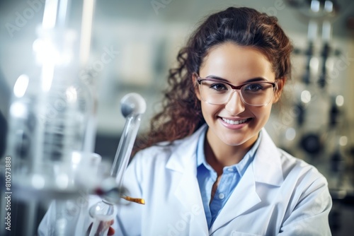 Smiling female scientist in lab coat