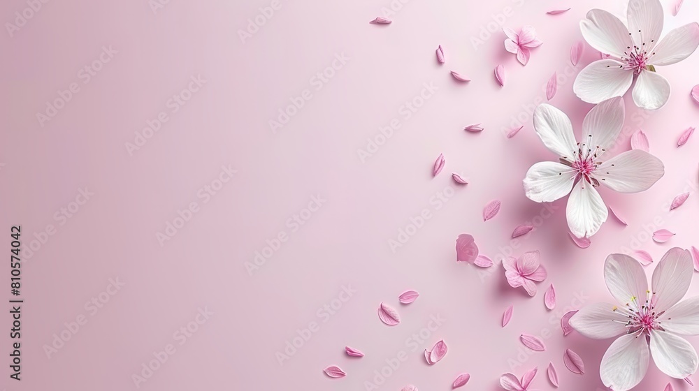 A pink background with white flowers and petals at the image's bottom A pink background with white flowers and petals at the image's bottom