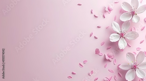   A pink background with white flowers and petals at the image's bottom © Wall