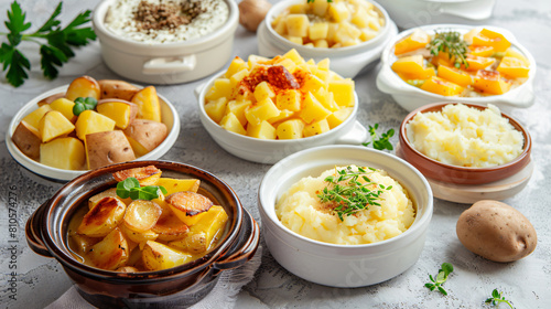 Set of delicious potato dishes on white background