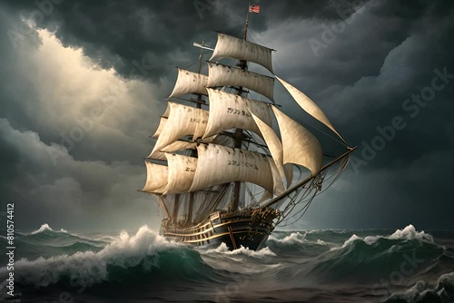 A painting of a sailing ship battling a stormy sea. Generative AI