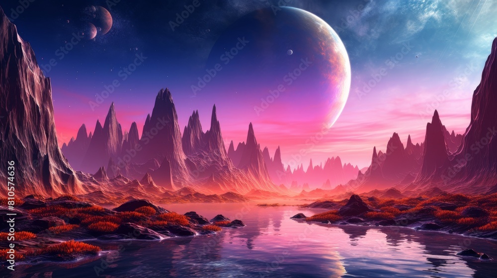 Alien landscape with towering mountains and glowing planet