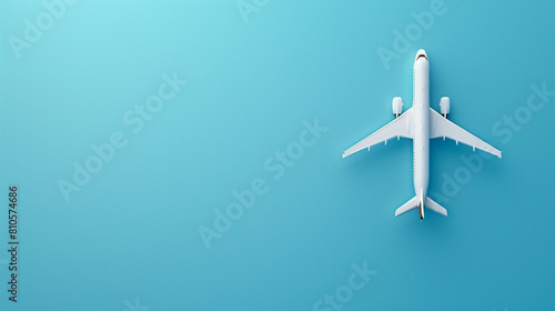 A white airplane is flying over a blue sky. Concept of freedom and adventure, as the airplane soars through the air