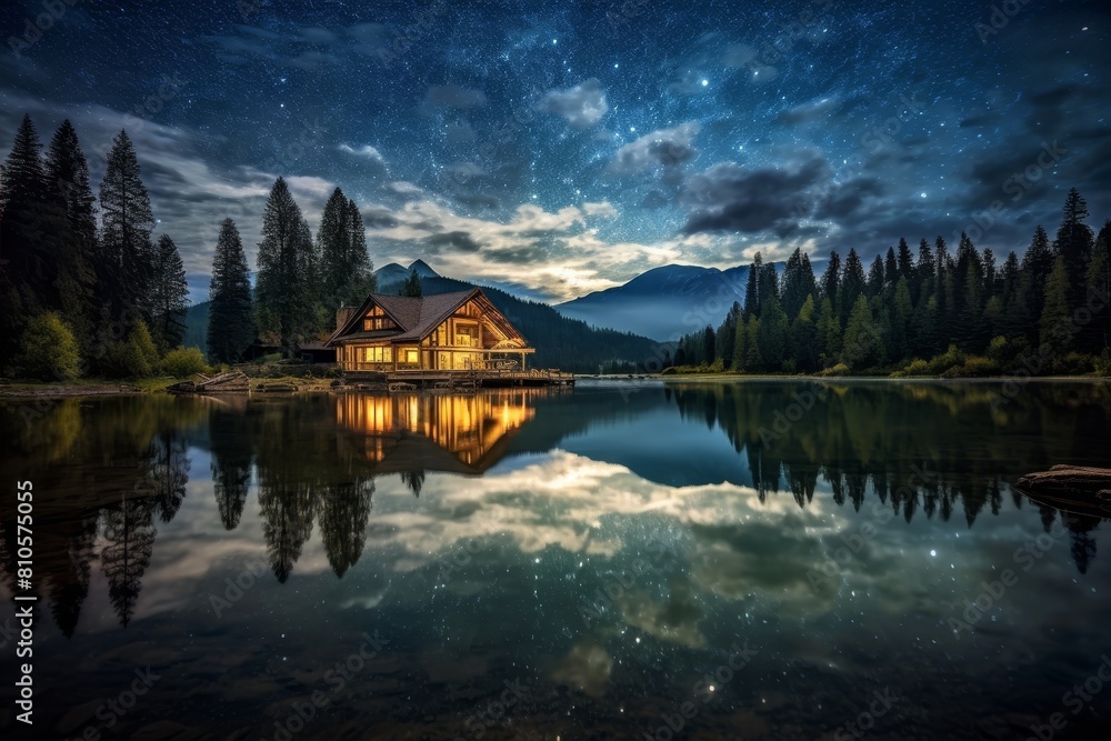 Fototapeta premium Serene mountain lake cabin at night with starry sky reflection