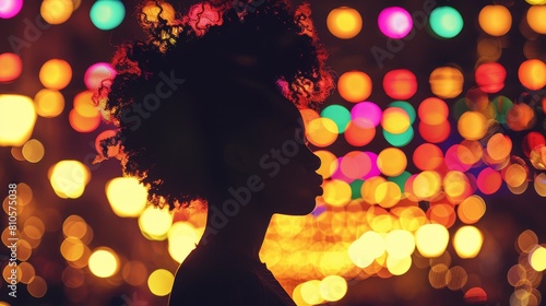  A tight shot of a person's face against a backdrop of vividly glowing lights in bokeh