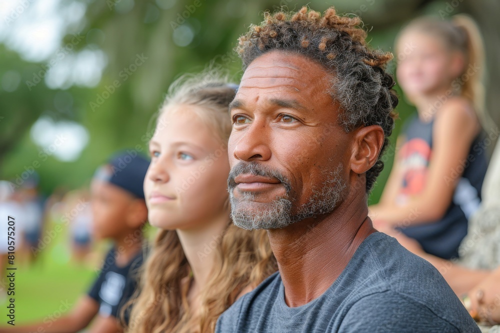 A middle-aged man watching an event attentively, surrounded by young spectators, reflecting a community spirit. A middle-aged man watching an event attentively, surrounded by young spectators, reflecting a community spirit.