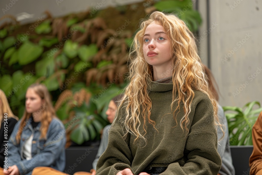 A young woman focuses intently during a wellness workshop, embodying engagement and peaceful meditation. A young woman focuses intently during a wellness workshop, embodying engagement and peaceful meditation.