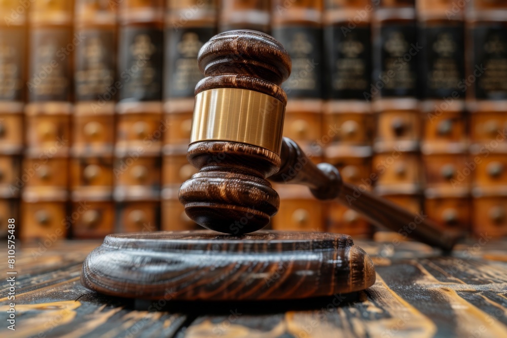 A judge's gavel rests on a sound block with legal books in the background, symbolizing the authority of law. A judge's gavel rests on a sound block with legal books in the background, symbolizing the authority of law.