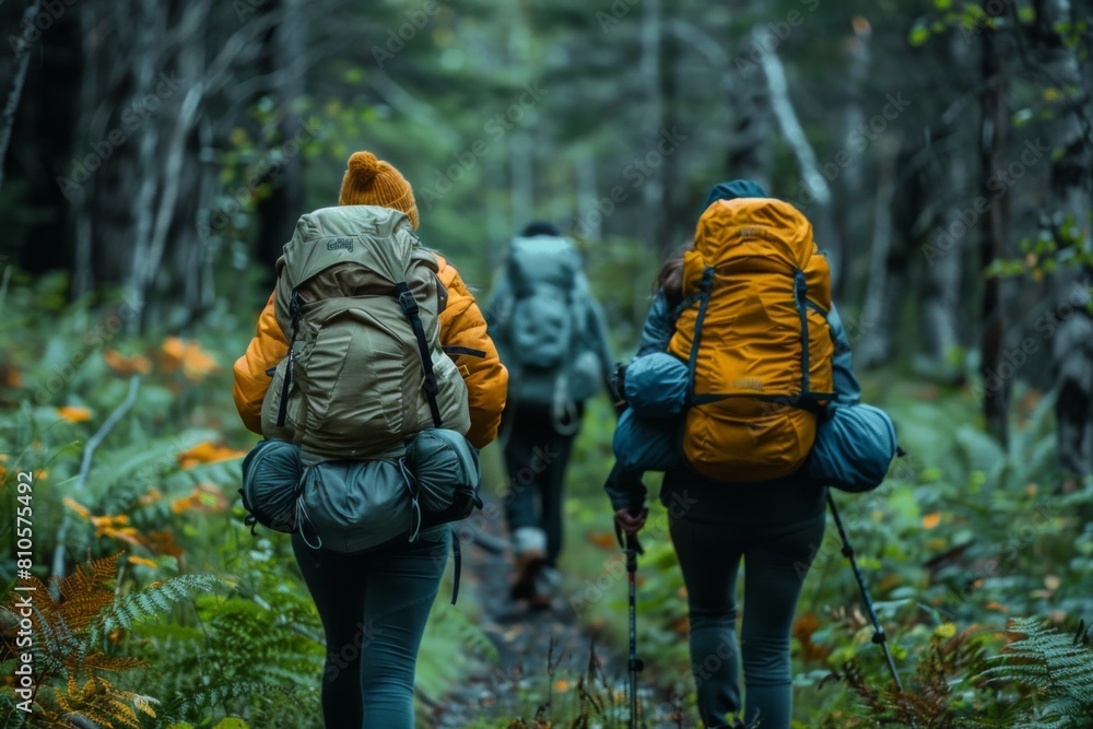 Group of backpackers trekking through a lush, green forest on a foggy day. Group of backpackers trekking through a lush, green forest on a foggy day.
