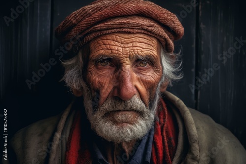 Weathered face of an elderly man with a red turban