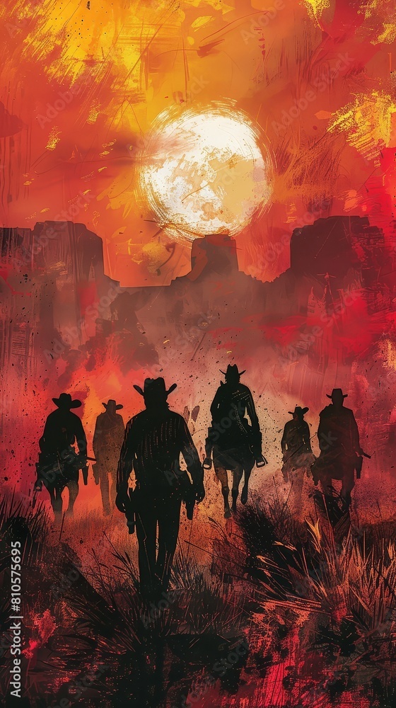 Fototapeta premium The image shows a group of cowboys walking towards the sunset