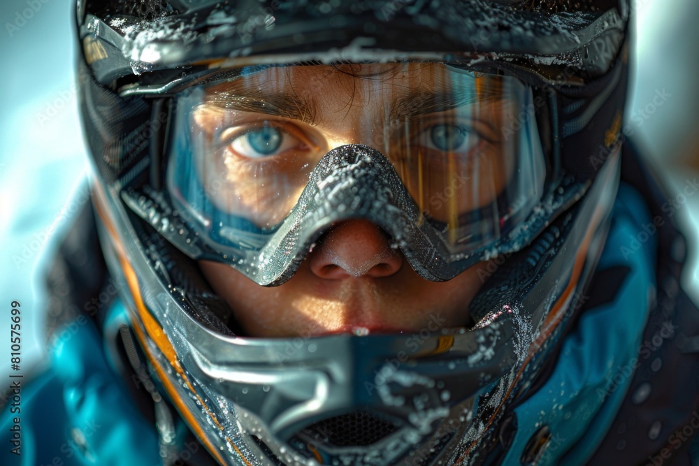 Close-up of a biker's face covered in snow, focusing intensely as he rides in winter conditions. Close-up of a biker's face covered in snow, focusing intensely as he rides in winter conditions.