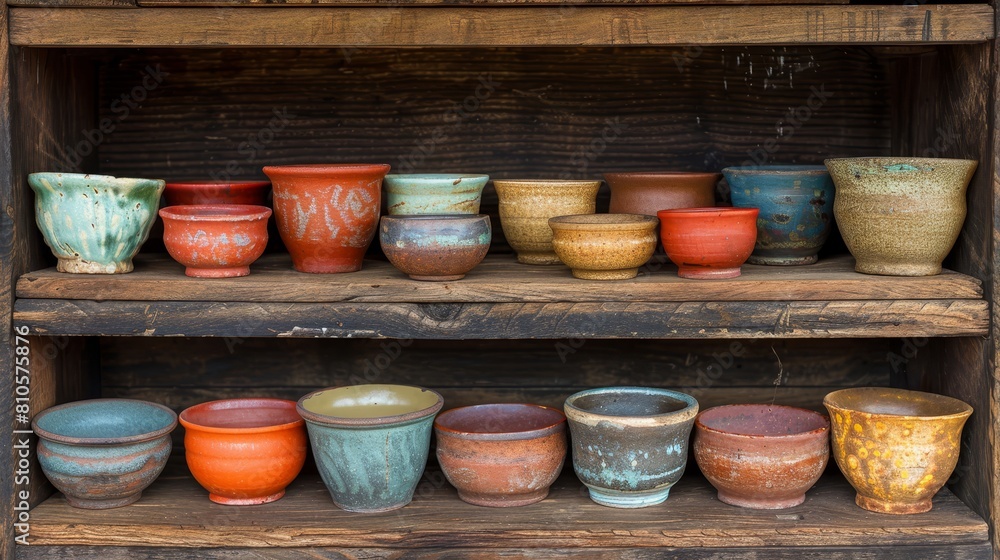 A wooden shelf holds various colored vases The vases rest atop the shelf, facing a wooden wall A wooden shelf holds various colored vases The vases rest atop the shelf, facing a wooden wall
