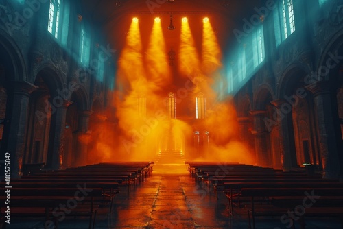 Majestic church interior bathed in orange light  with rays streaming through windows  casting a dramatic and ethereal glow over the empty pews and central aisle.