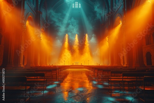 Majestic church interior bathed in orange light  with rays streaming through windows  casting a dramatic and ethereal glow over the empty pews and central aisle.