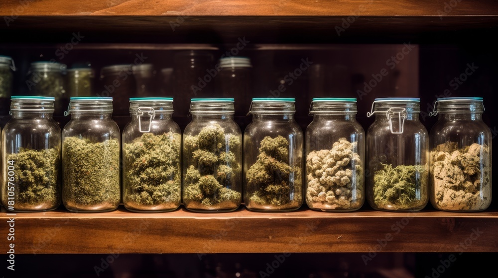 Assortment of cannabis buds in glass jars on wooden shelves Assortment of cannabis buds in glass jars on wooden shelves