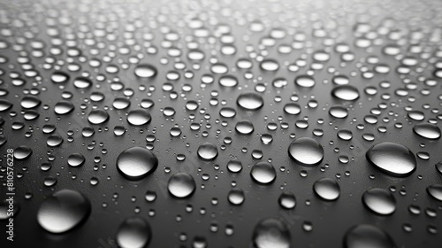  Close-up of water droplets on a black surface with light reflection in the midst
