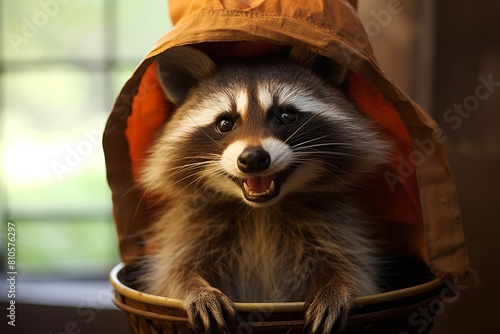 Raccoon peeking out from inside a wooden crate