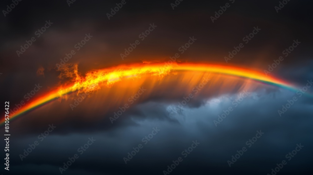 A rainbow in the sky, surrounded by clouds, appears as an arc of vibrant colors A rainbow in the sky, surrounded by clouds, appears as an arc of vibrant colors