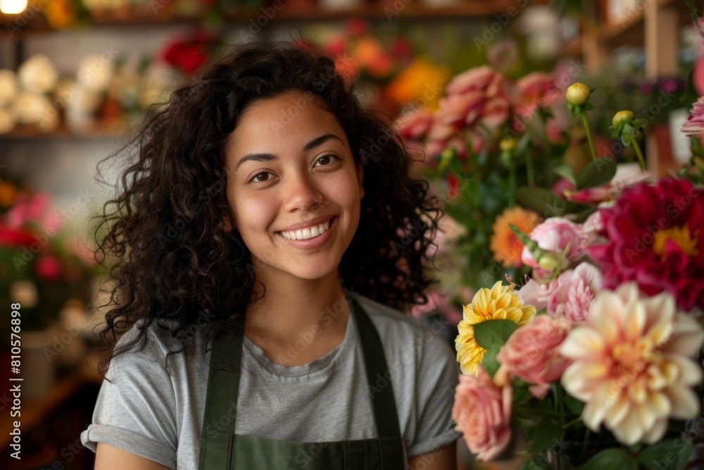 Portrait of a Smiling Young Florist with Curly Hair in a Flower Shop, Surrounded by Colorful Blooms
Portrait of a Smiling Young Florist with Curly Hair in a Flower Shop, Surrounded by Colorful Blooms