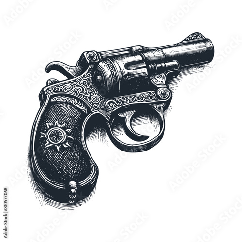 The old vintage pistol. Black white vector illustration.