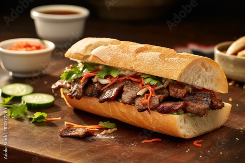 Delicious vietnamese banh mi sandwich with grilled beef, vegetables, and sauces