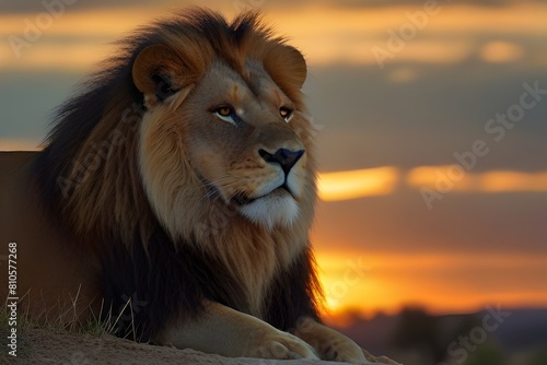 A regal lion basking in the warm rays of sunrise  his mane blowing gently in the morning breeze