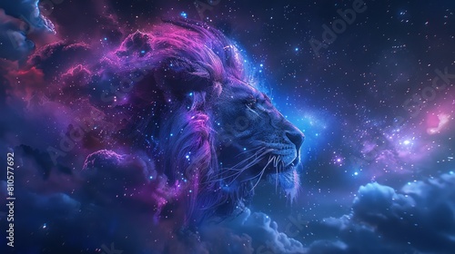 Mythical head of angry lion silhouette set against a starry galaxy with cool blues and purples. photo