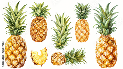 Set of juicy pineapples on white background