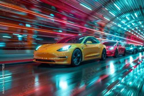  Vibrant colored electric cars speeding across a minimalist stage of abstract random colors patterns, emphasizing the theme of sustainable mobility with a sense of dynamic energy.