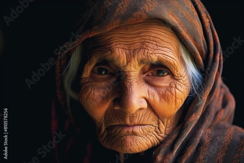 Weathered face of an elderly woman in a dark hooded cloak © Balaraw