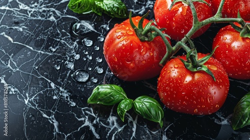 A close-up digital illustration of fresh tomatoes and basil with water droplets, emphasizing their vibrant colors on a black marble background photo